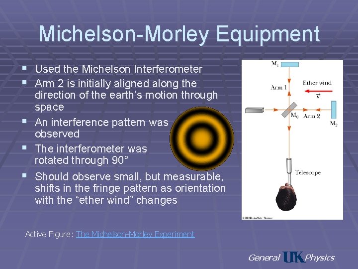 Michelson-Morley Equipment § Used the Michelson Interferometer § Arm 2 is initially aligned along