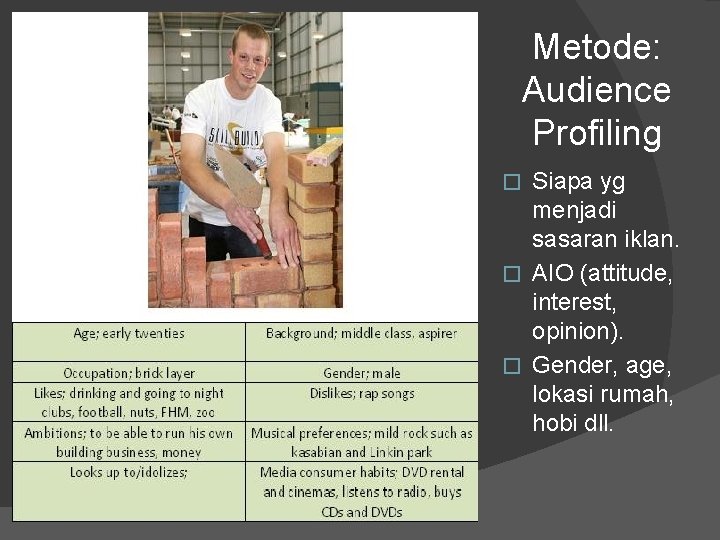 Metode: Audience Profiling Siapa yg menjadi sasaran iklan. � AIO (attitude, interest, opinion). �