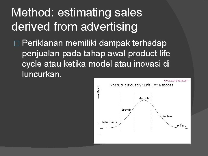 Method: estimating sales derived from advertising � Periklanan memiliki dampak terhadap penjualan pada tahap