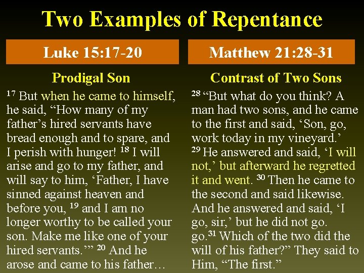 Two Examples of Repentance Luke 15: 17 -20 Prodigal Son But when he came