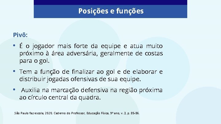 Posições e funções Pivô: • É o jogador mais forte da equipe e atua Posições e funções Pivô: • É o jogador mais forte da equipe e atua