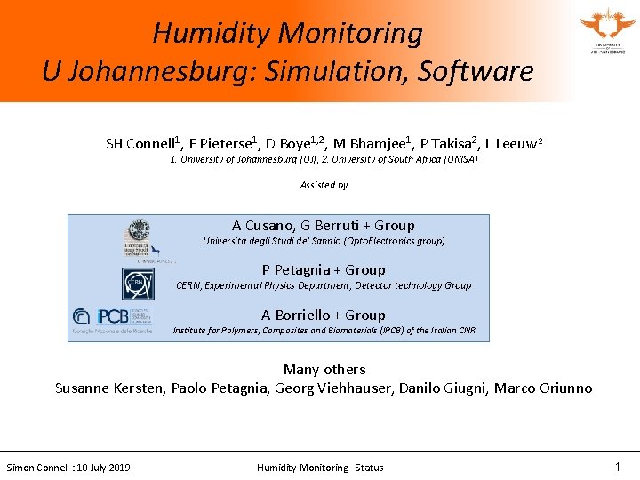 Humidity Monitoring U Johannesburg: Simulation, Software SH Connell 1, F Pieterse 1, D Boye