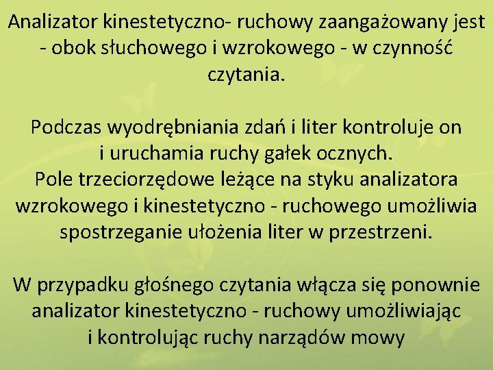 Analizator kinestetyczno- ruchowy zaangażowany jest - obok słuchowego i wzrokowego - w czynność czytania.