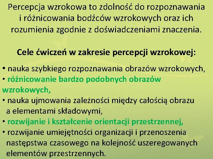 Percepcja wzrokowa to zdolność do rozpoznawania i różnicowania bodźców wzrokowych oraz ich rozumienia zgodnie