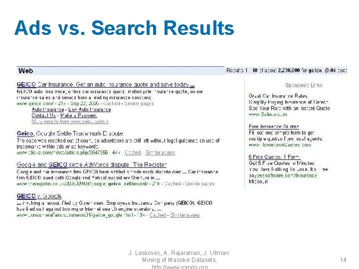 Ads vs. Search Results J. Leskovec, A. Rajaraman, J. Ullman: Mining of Massive Datasets,