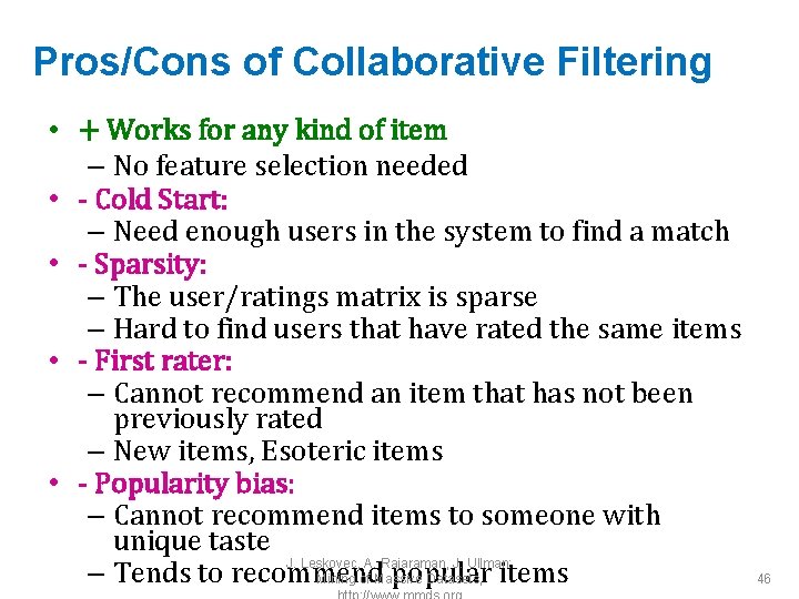 Pros/Cons of Collaborative Filtering • + Works for any kind of item – No