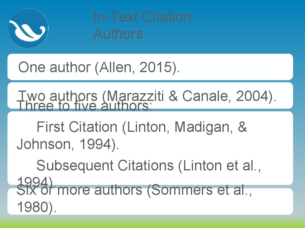 In-Text Citation: Authors One author (Allen, 2015). Two authors (Marazziti & Canale, 2004). Three