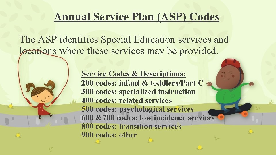 Annual Service Plan (ASP) Codes The ASP identifies Special Education services and locations where