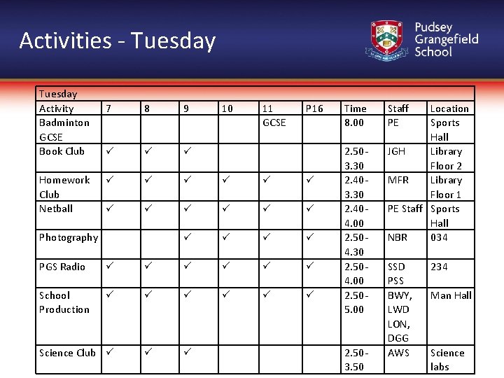 Activities - Tuesday Activity Badminton GCSE Book Club Homework Club Netball 7 8 9