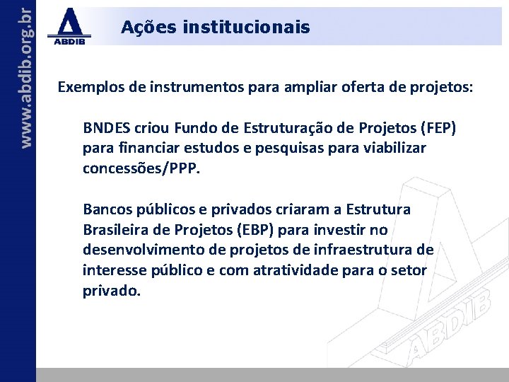 Ações institucionais Exemplos de instrumentos para ampliar oferta de projetos: BNDES criou Fundo de