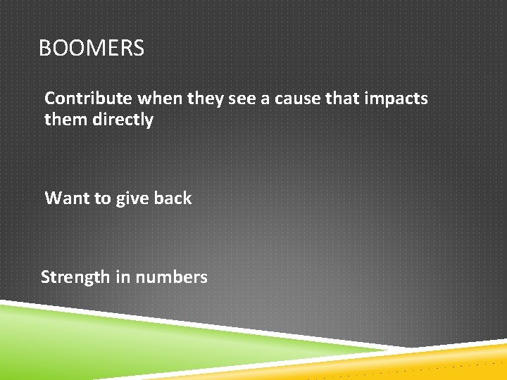BOOMERS Contribute when they see a cause that impacts them directly Want to give
