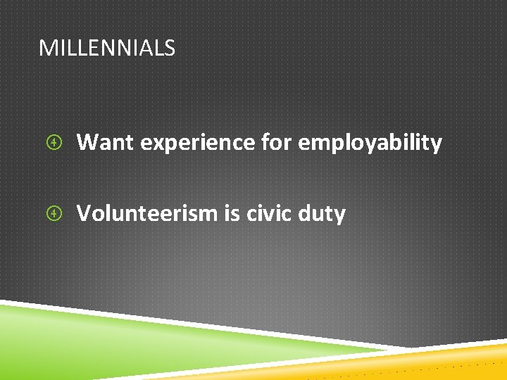 MILLENNIALS Want experience for employability Volunteerism is civic duty 