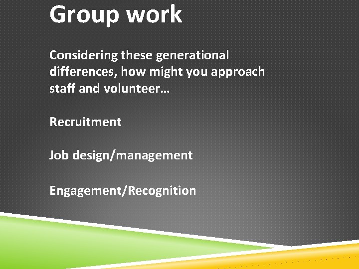 Group work Considering these generational differences, how might you approach staff and volunteer… Recruitment