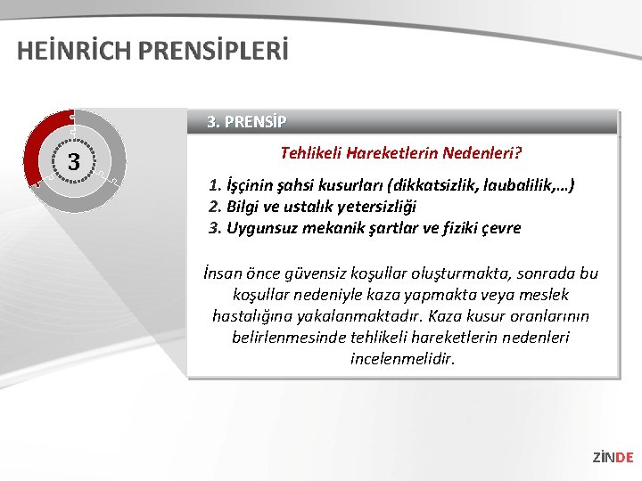 3. PRENSİP 3 Tehlikeli Hareketlerin Nedenleri? 1. İşçinin şahsi kusurları (dikkatsizlik, laubalilik, …) 2.