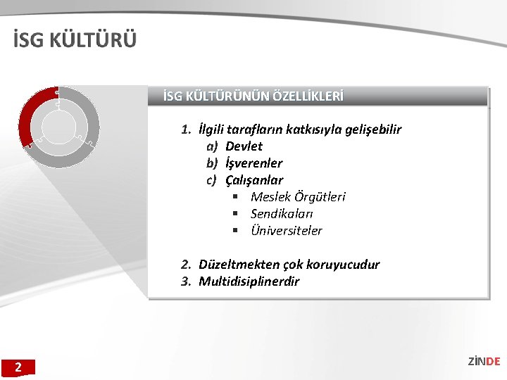 İSG KÜLTÜRÜNÜN ÖZELLİKLERİ 1. İlgili tarafların katkısıyla gelişebilir a) Devlet b) İşverenler c) Çalışanlar