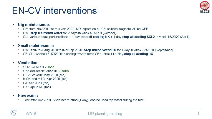 EN-CV interventions • Big maintenance: • • • SF: from Nov 2019 to mid