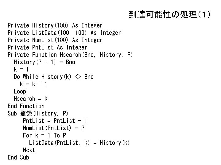 到達可能性の処理（１） Private History(100) As Integer Private List. Data(100, 100) As Integer Private Num. List(100)