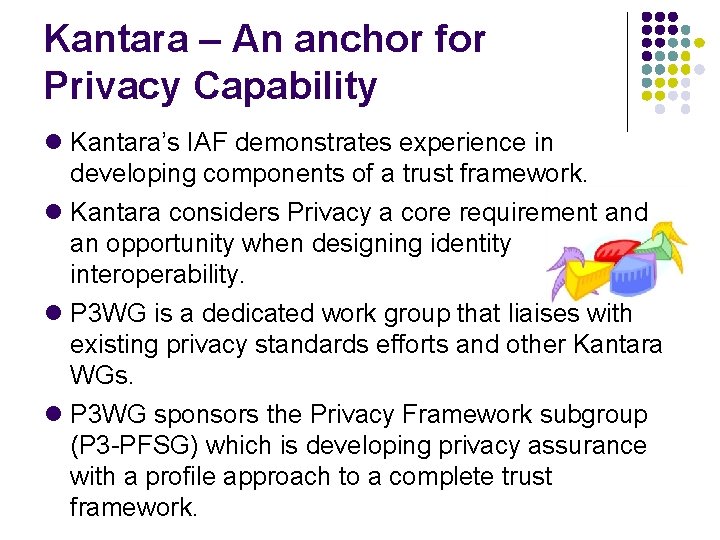 Kantara – An anchor for Privacy Capability Kantara’s IAF demonstrates experience in developing components