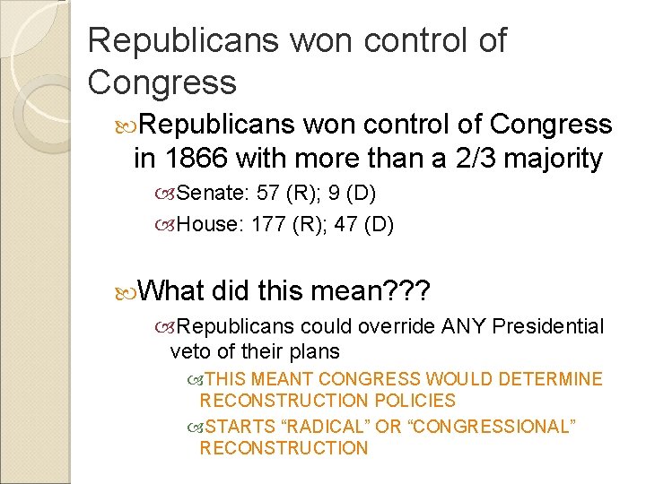 Republicans won control of Congress in 1866 with more than a 2/3 majority Senate: