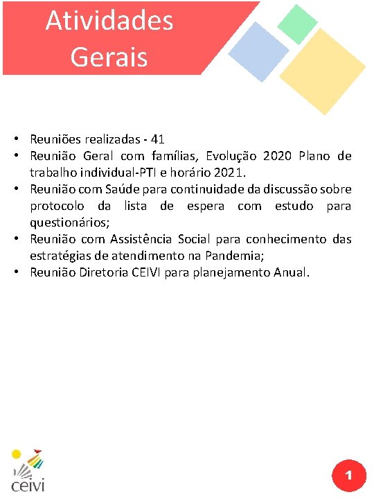 Atividades Gerais • Reuniões realizadas - 41 • Reunião Geral com famílias, Evolução 2020