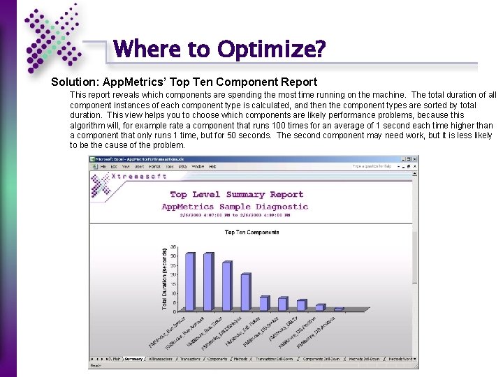 Where to Optimize? Solution: App. Metrics’ Top Ten Component Report This report reveals which