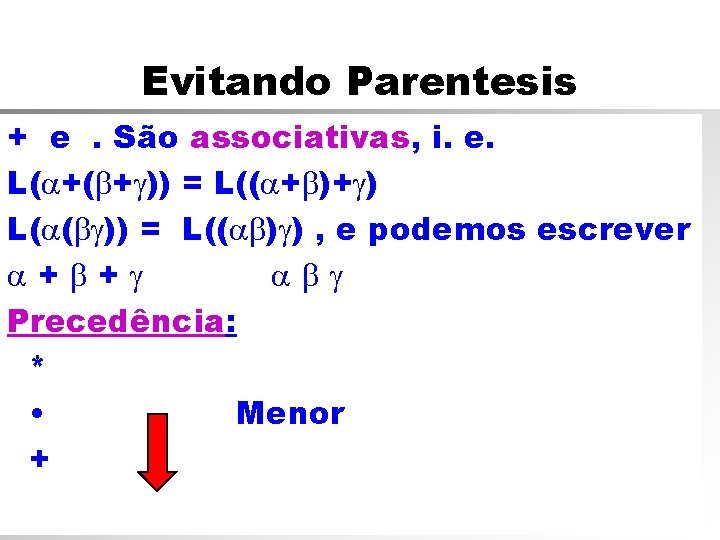 Evitando Parentesis + e. São associativas, i. e. L(a+(b+g)) = L((a+b)+g) L(a(bg)) = L((ab)g)