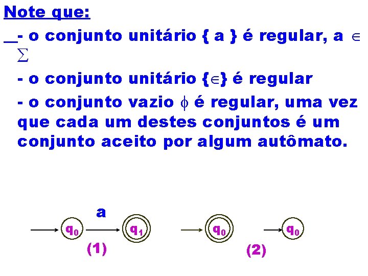 Note que: - o conjunto unitário { a } é regular, a Î å