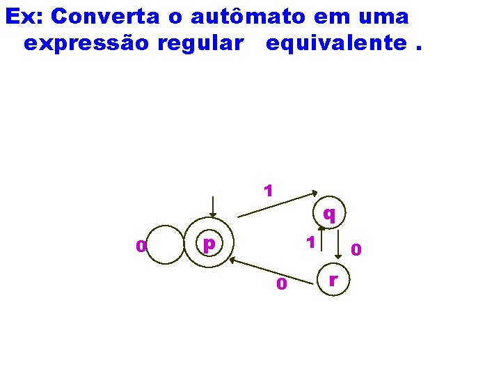Ex: Converta o autômato em uma expressão regular equivalente. 1 0 q p 1
