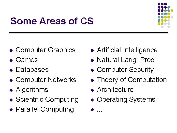 Some Areas of CS l l l l Computer Graphics Games Databases Computer Networks