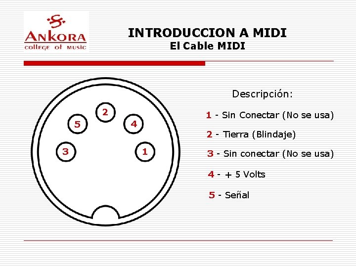 INTRODUCCION A MIDI El Cable MIDI Descripción: 2 5 3 1 - Sin Conectar