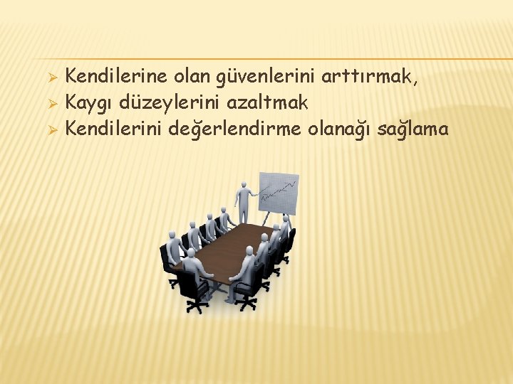 Kendilerine olan güvenlerini arttırmak, Ø Kaygı düzeylerini azaltmak Ø Kendilerini değerlendirme olanağı sağlama Ø