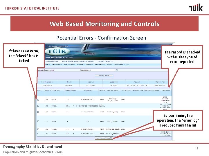 TURKISH STATISTICAL INSTITUTE Web Based Monitoring and Controls Potential Errors - Confirmation Screen If