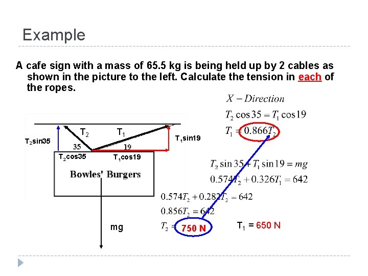 Example A cafe sign with a mass of 65. 5 kg is being held