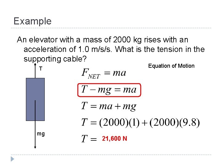 Example An elevator with a mass of 2000 kg rises with an acceleration of