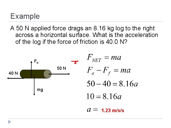 Example A 50 N applied force drags an 8. 16 kg log to the