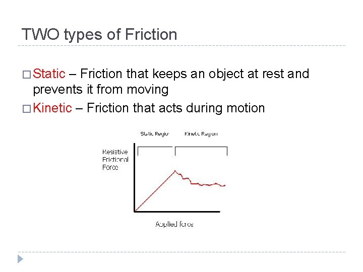 TWO types of Friction � Static – Friction that keeps an object at rest