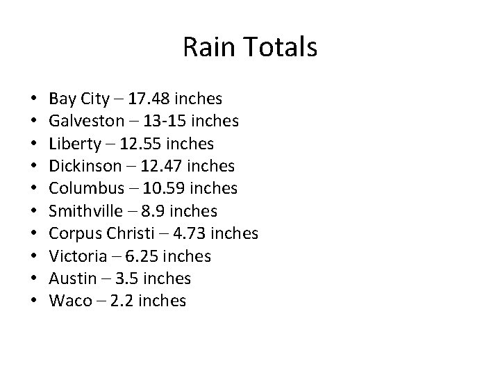 Rain Totals • • • Bay City – 17. 48 inches Galveston – 13