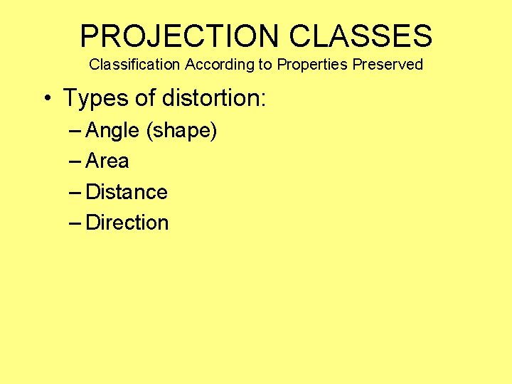 PROJECTION CLASSES Classification According to Properties Preserved • Types of distortion: – Angle (shape)
