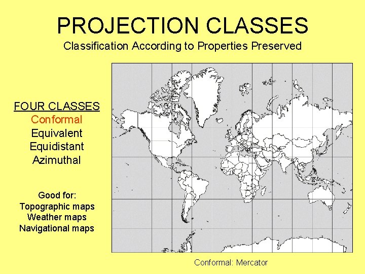 PROJECTION CLASSES Classification According to Properties Preserved FOUR CLASSES Conformal Equivalent Equidistant Azimuthal Good