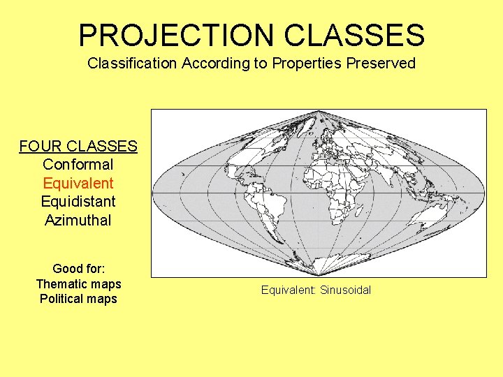 PROJECTION CLASSES Classification According to Properties Preserved FOUR CLASSES Conformal Equivalent Equidistant Azimuthal Good