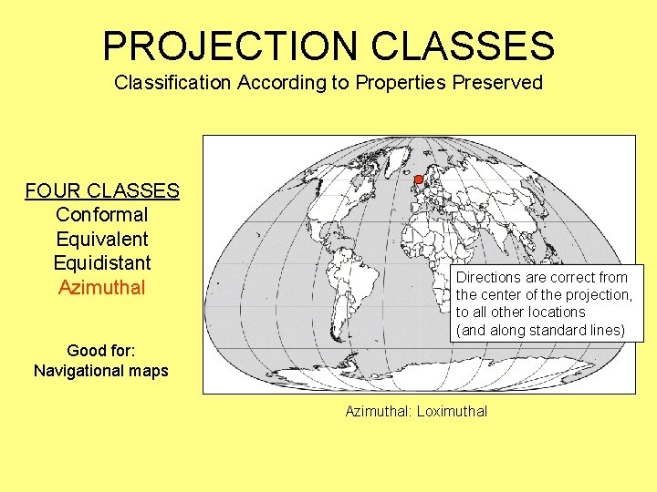 PROJECTION CLASSES Classification According to Properties Preserved FOUR CLASSES Conformal Equivalent Equidistant Azimuthal Directions