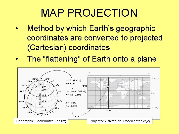 MAP PROJECTION • • Method by which Earth’s geographic coordinates are converted to projected