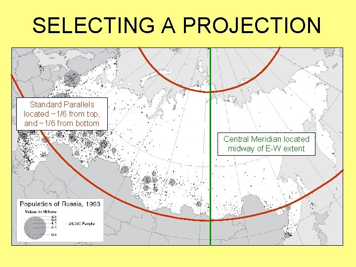 SELECTING A PROJECTION Standard Parallels located ~1/6 from top, and ~1/6 from bottom Central