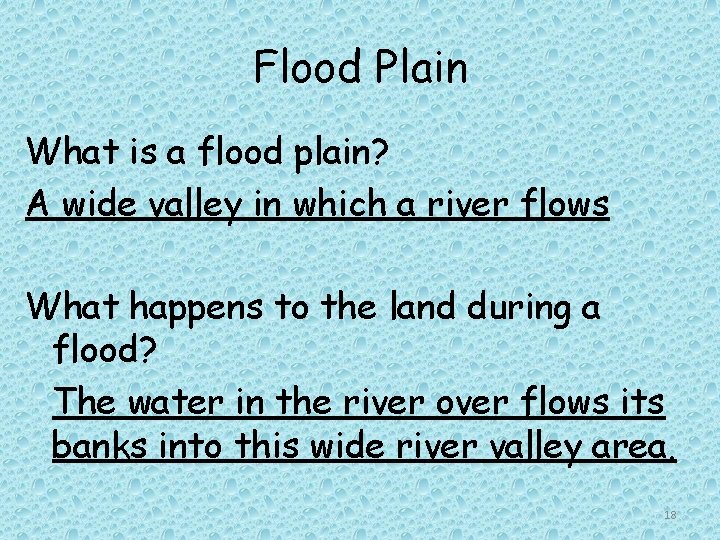 Flood Plain What is a flood plain? A wide valley in which a river