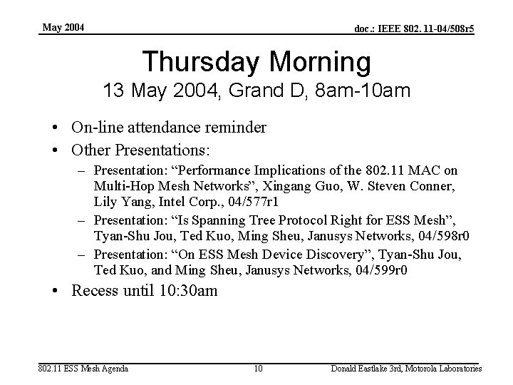 May 2004 doc. : IEEE 802. 11 -04/508 r 5 Thursday Morning 13 May