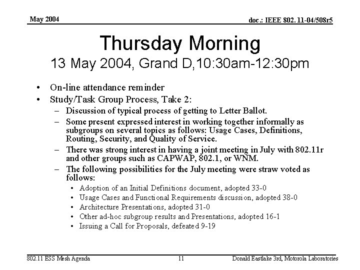 May 2004 doc. : IEEE 802. 11 -04/508 r 5 Thursday Morning 13 May