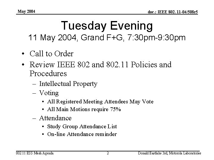 May 2004 doc. : IEEE 802. 11 -04/508 r 5 Tuesday Evening 11 May