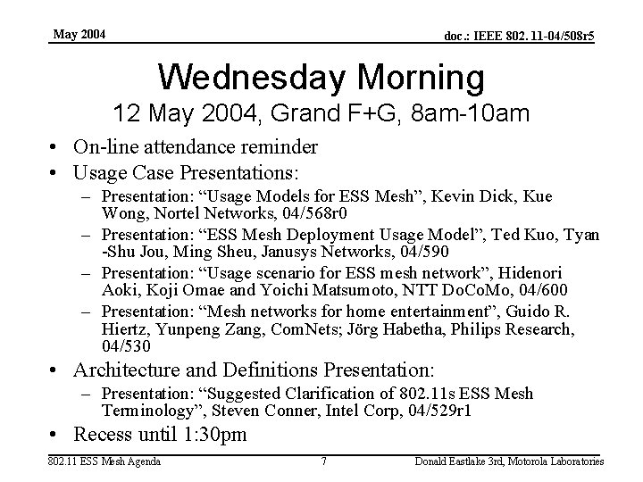 May 2004 doc. : IEEE 802. 11 -04/508 r 5 Wednesday Morning 12 May