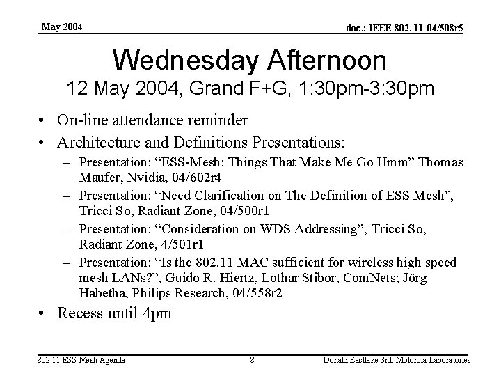 May 2004 doc. : IEEE 802. 11 -04/508 r 5 Wednesday Afternoon 12 May