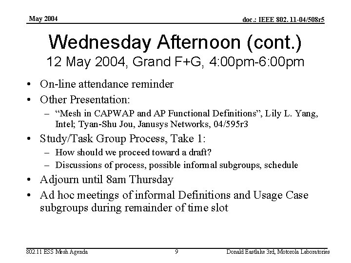 May 2004 doc. : IEEE 802. 11 -04/508 r 5 Wednesday Afternoon (cont. )